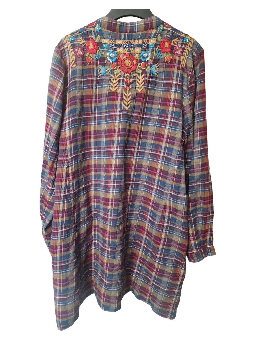 JOHNNY WAS Plaid Embroidered Boho Tunic Dress Sz L With Hidden Side Pockets - Picture 2 of 6